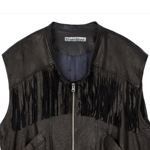 STAND ALONE Fringe Leather Vest - Black