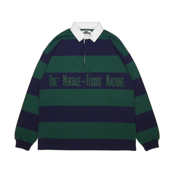 UXE MENTALE fluxus machine rugby shirt green navy1