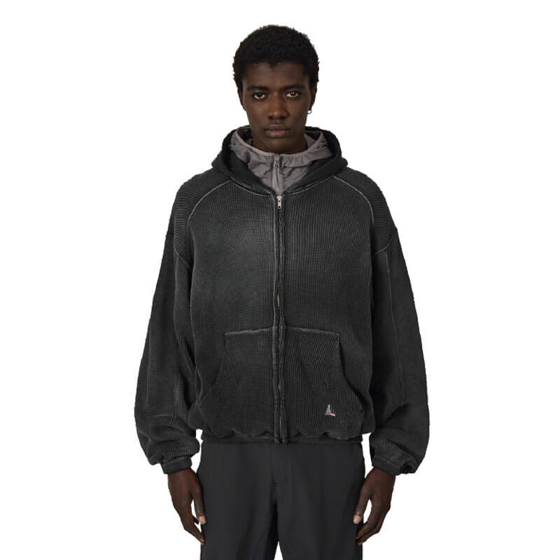 ROA Hiking Bee Sun Faded Waffle Zip Up Hoodie - Black